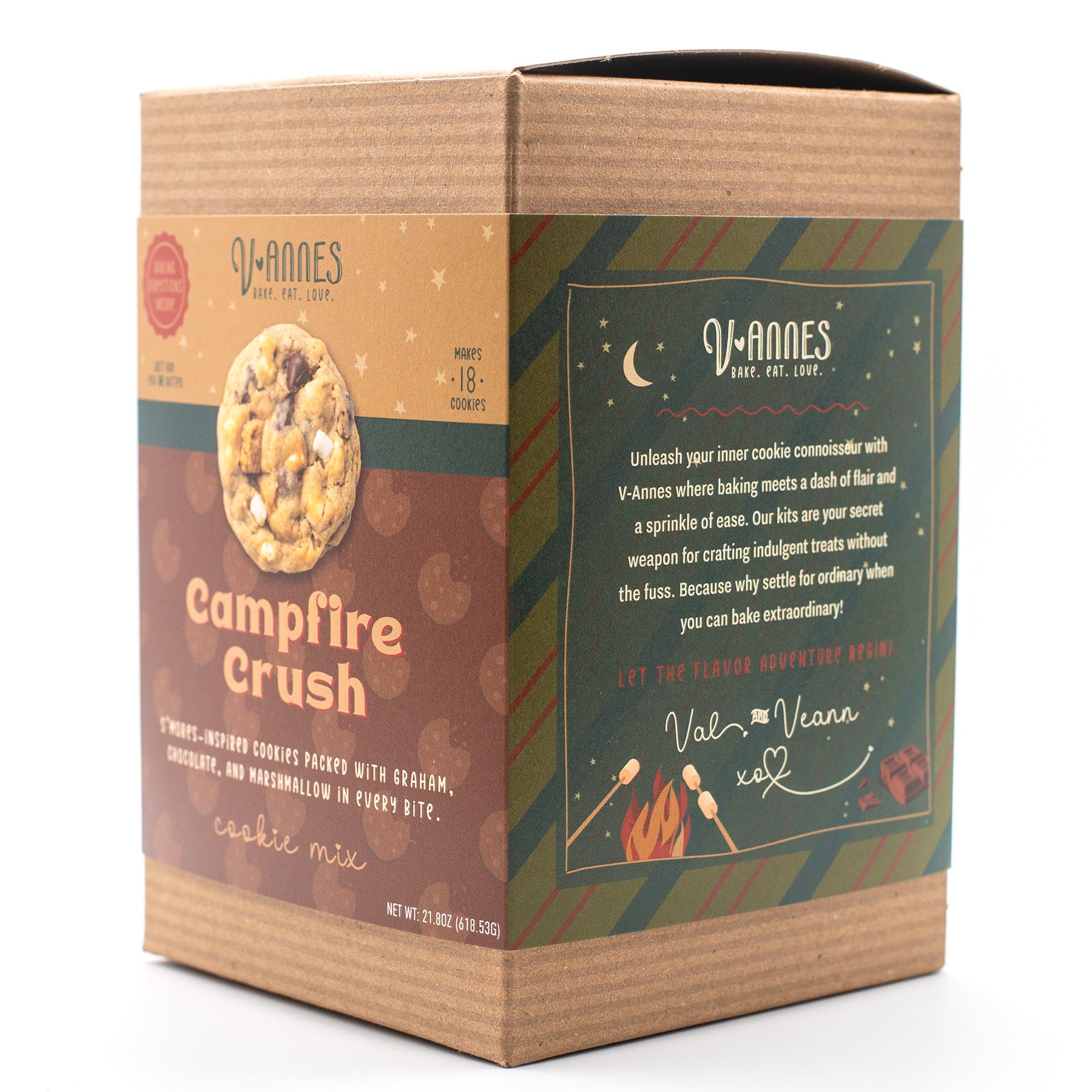 V-Anne's Campfire Crush cookie mix box photographed on a clean white background.