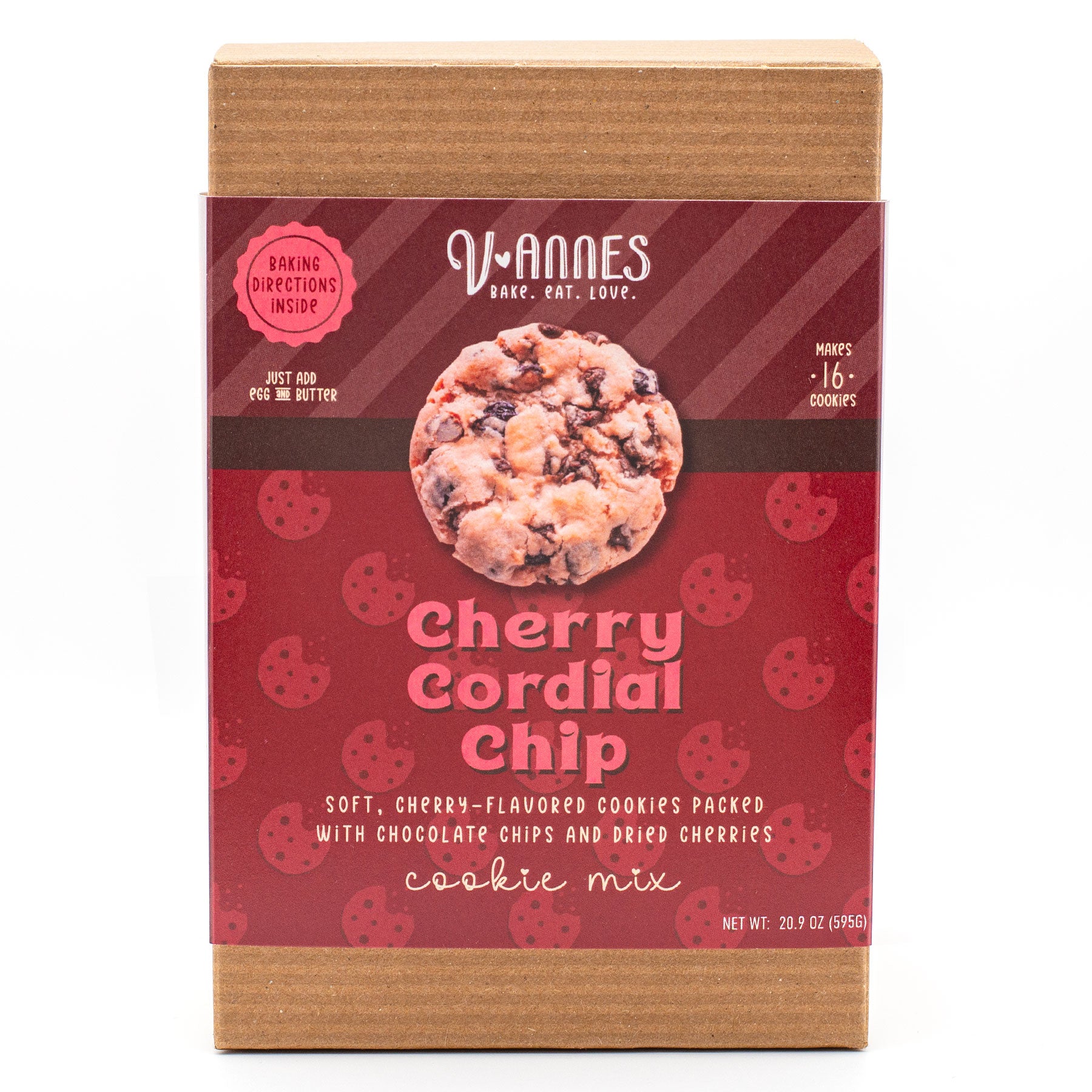 Box of V-Annes Cherry Cordial Chip cookie mix on a white background