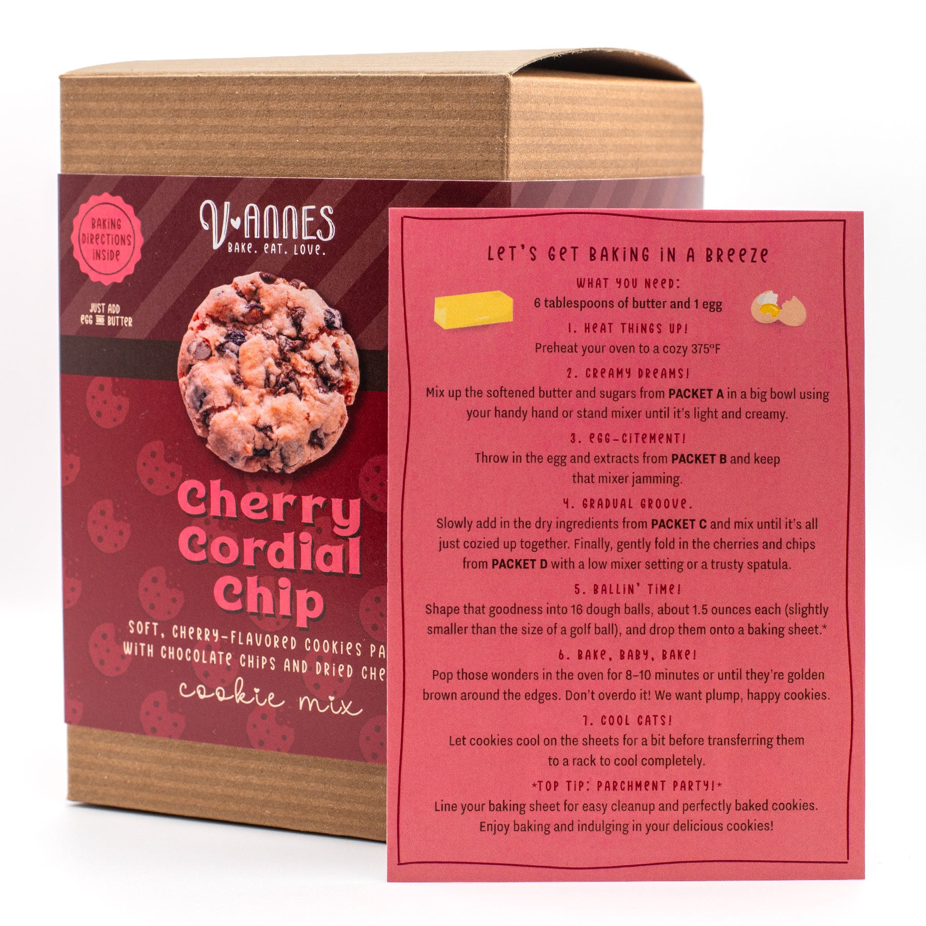 V-annes Cherry Cordial Chip cookie mix packaging with recipe on a white background