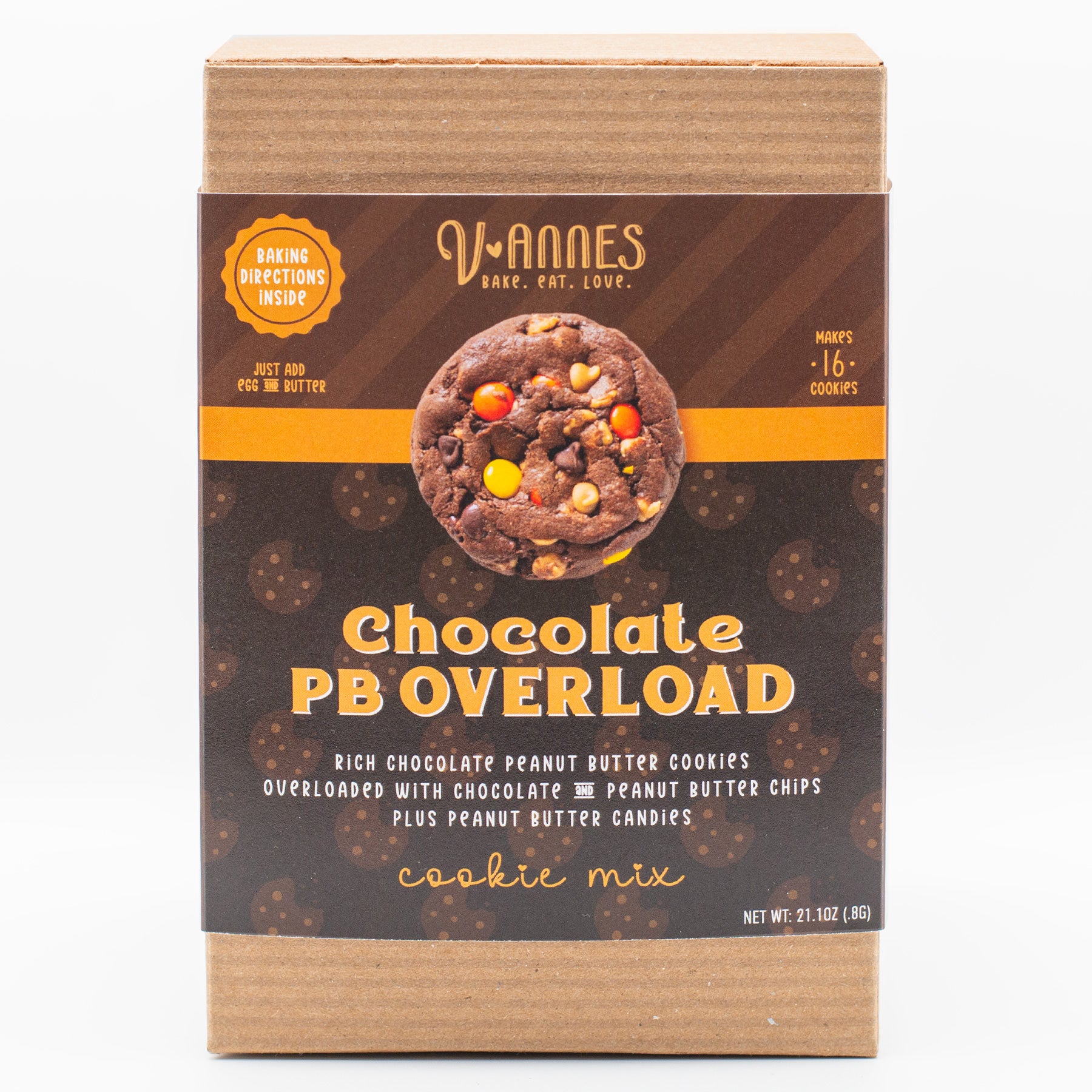 Box of V-MANES Chocolate PB Overload cookie mix on a white background