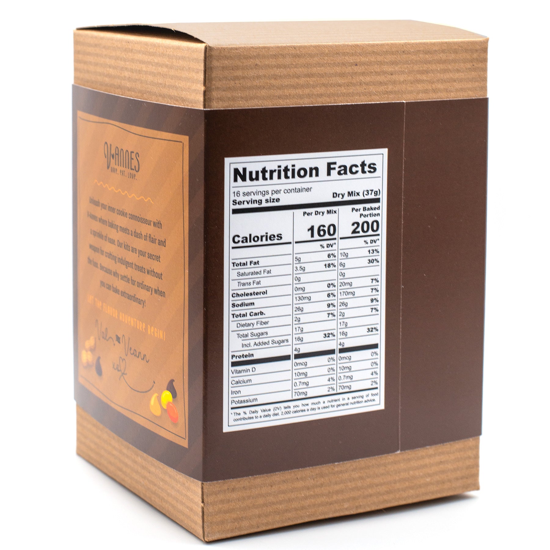 V-Annes Chocolate PB Overload box with a nutrition facts label on a white background