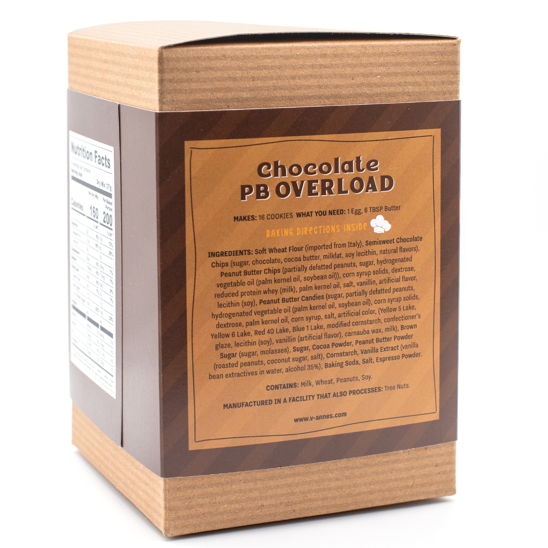 Box of V-Annes 'Chocolate PB Overload' cookies with brown label on white background