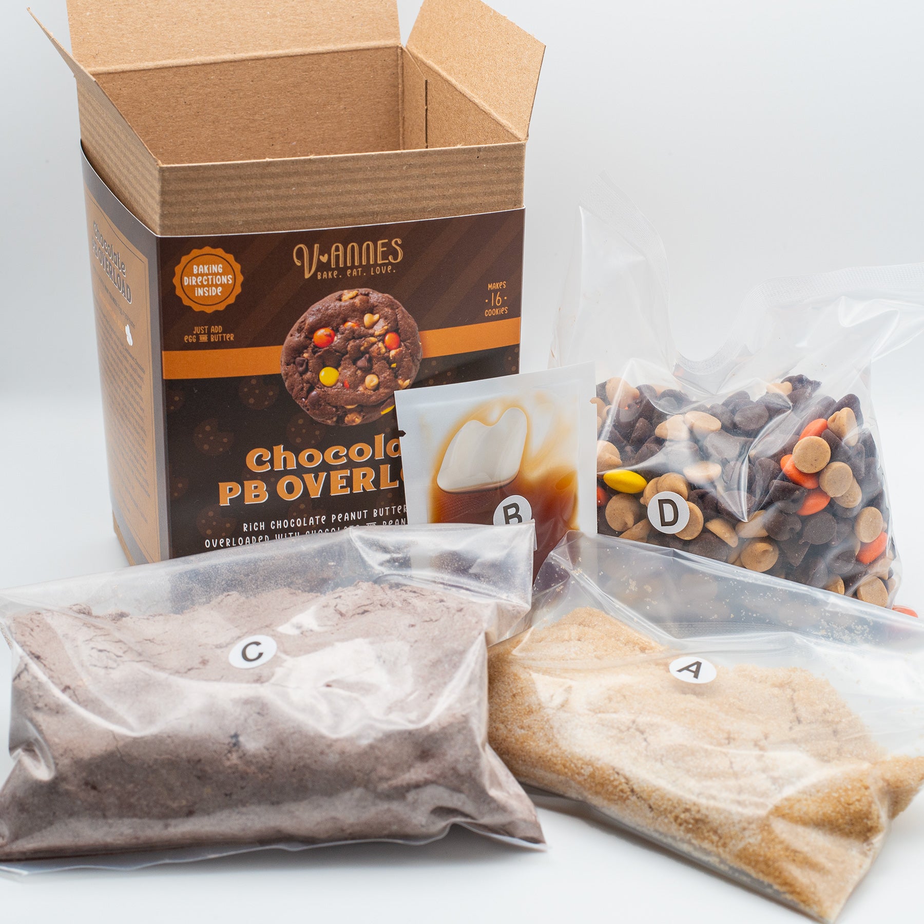 Vannen's Chocolate PB Overload cookie mix packaging with ingredients displayed on a white background