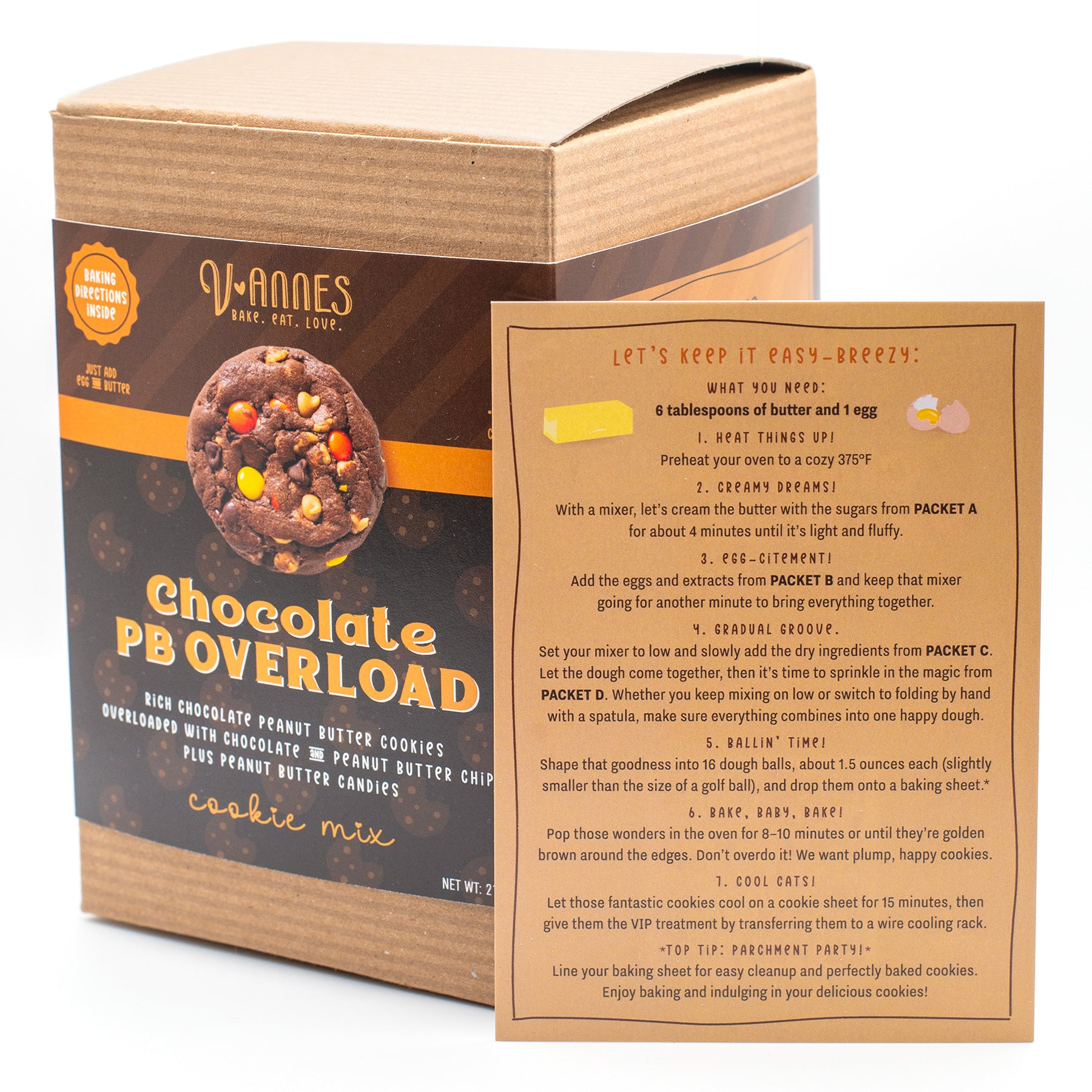 V-Annes Chocolate PB Overload cookie mix packaging with direction card on a white background