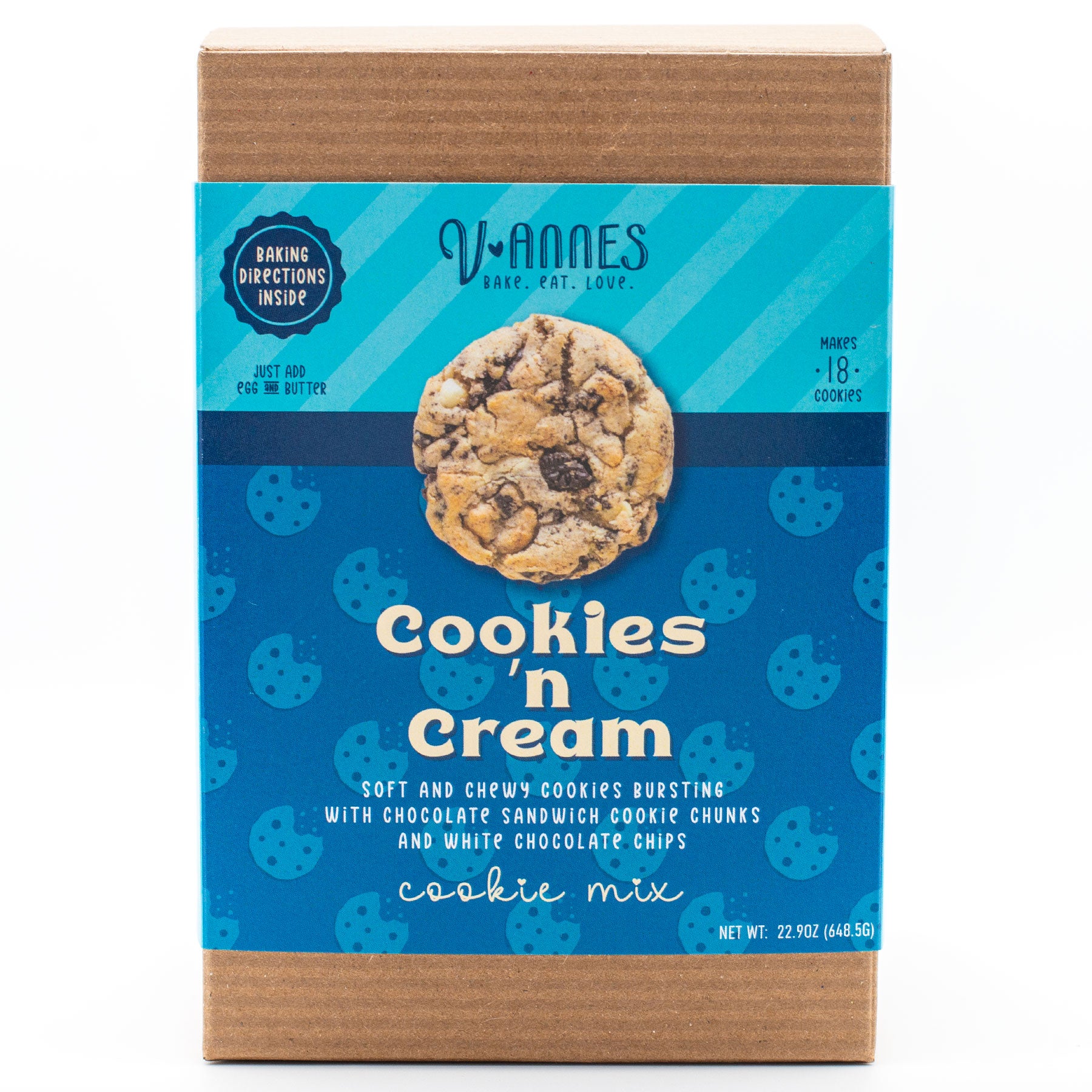 V-annes Cookies 'n Cream cookie mix packaging on a white background