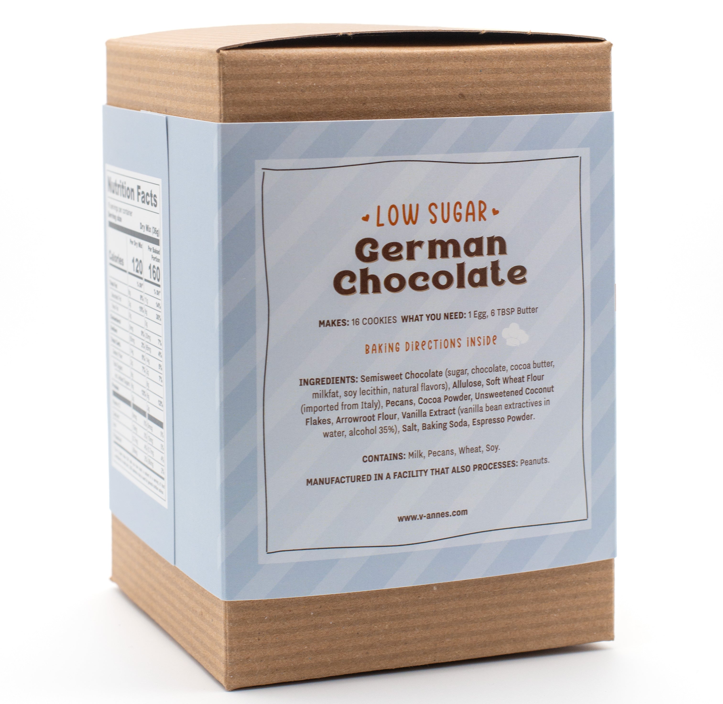 Box of low sugar German chocolate with ingredient label on a white background