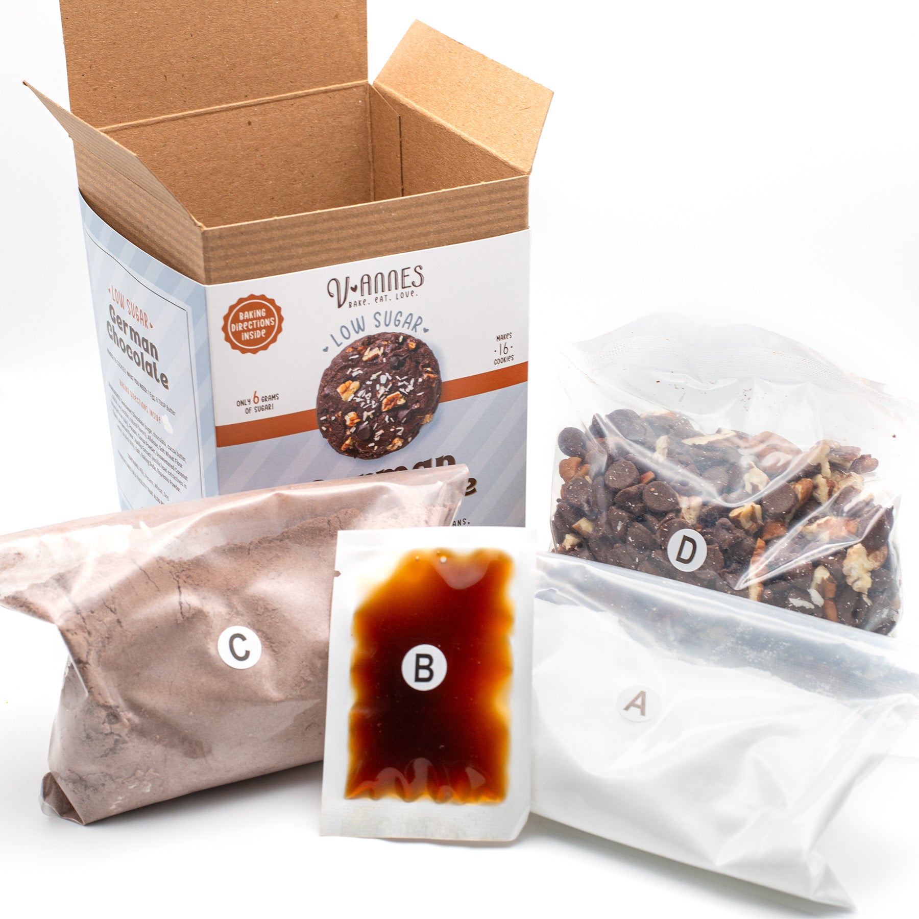 V-annes low sugar german chocolate packaging with various box components on a white background