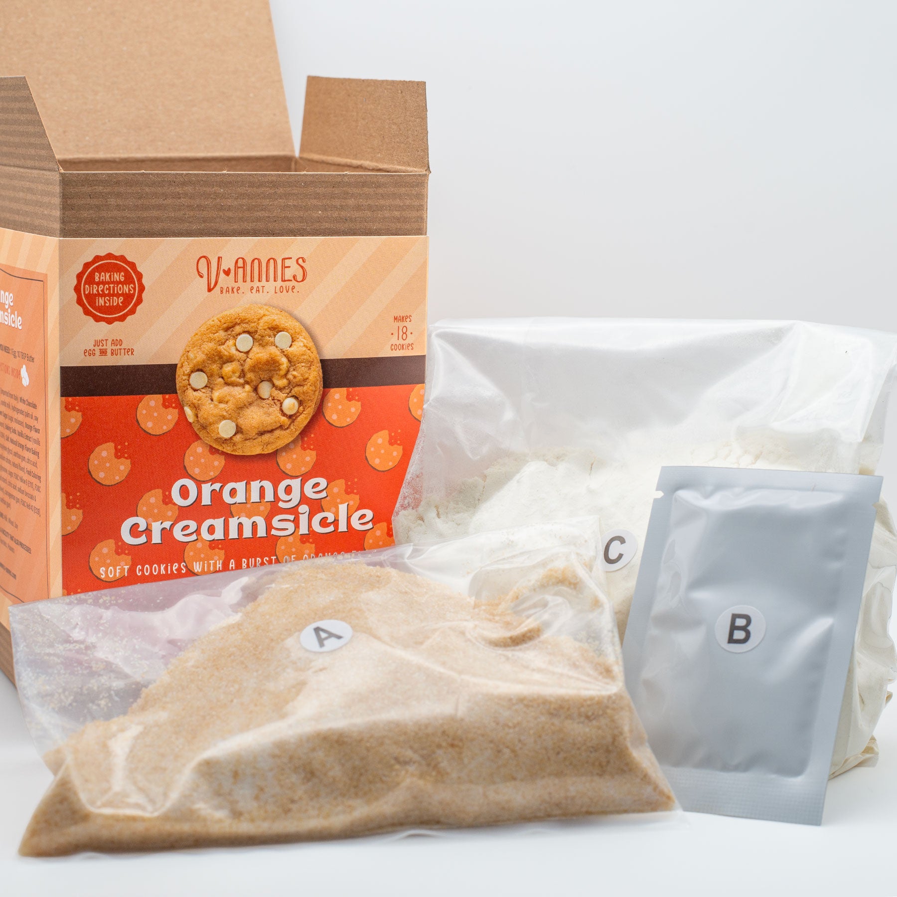 V-ANNES Orange Creamsicle cookie packaging with a box and ingredients