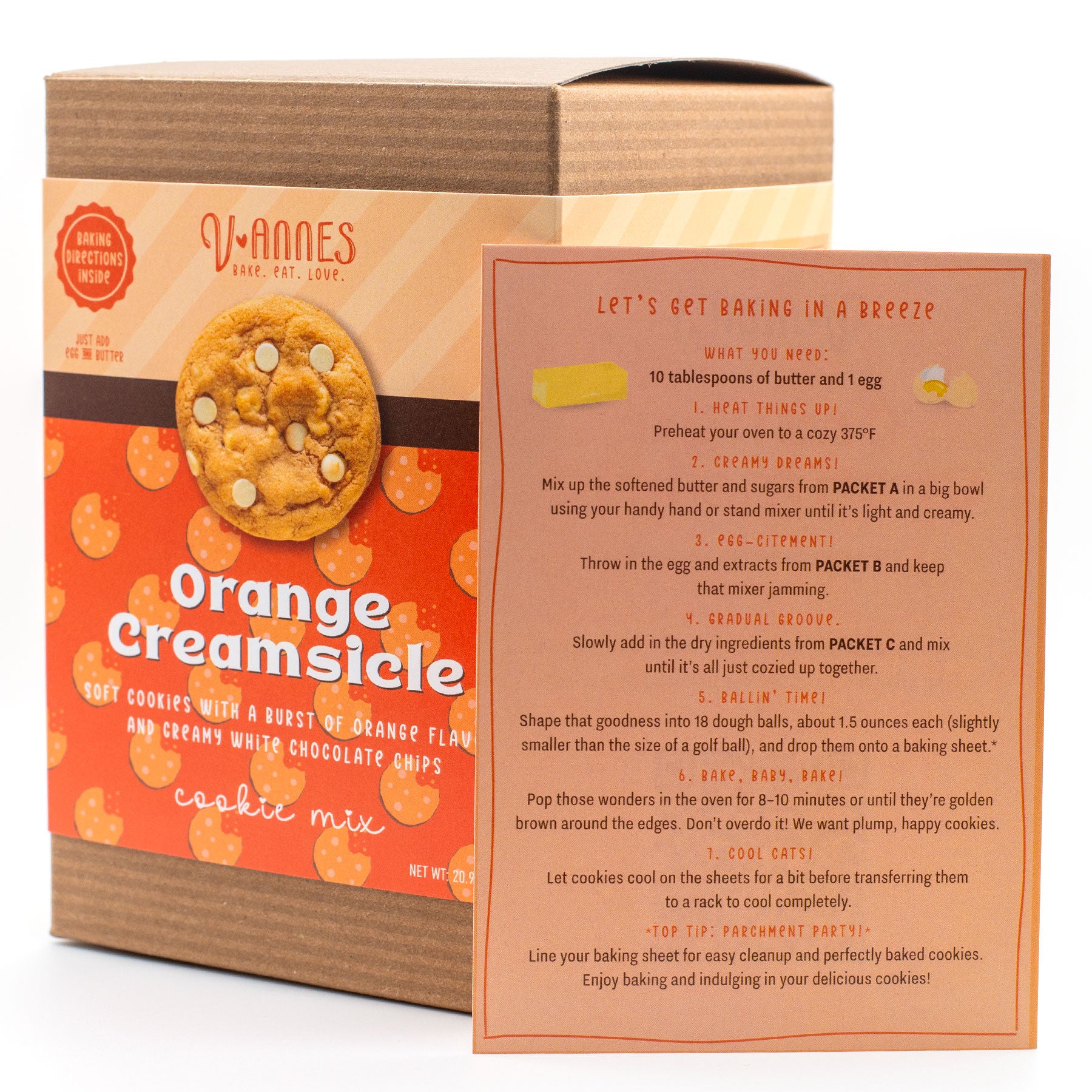 V-annes Orange Creamsicle cookie mix packaging with recipe details on a white background