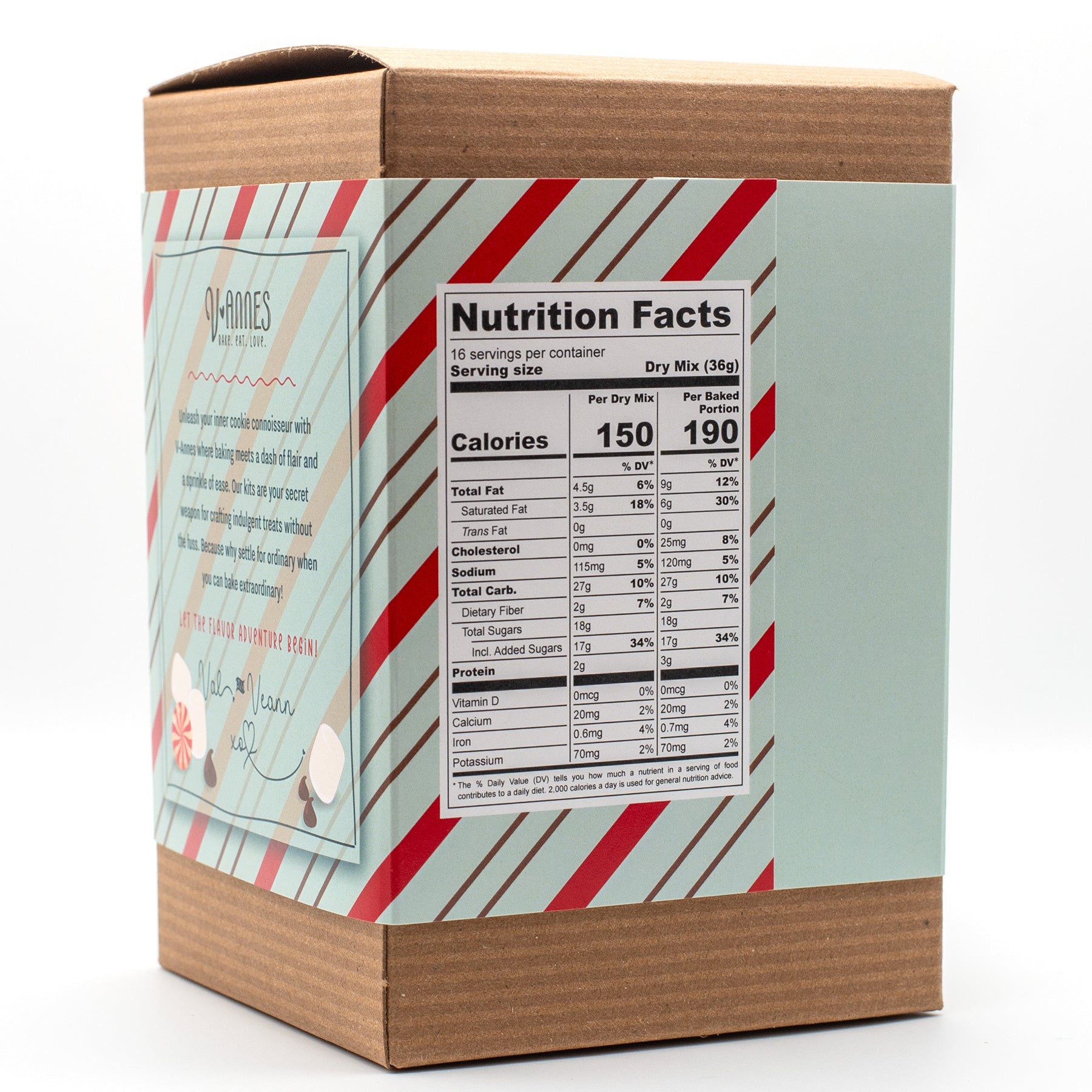 V-Annes Peppermint Bliss cookie mix with nutrition facts label and striped design on a white background