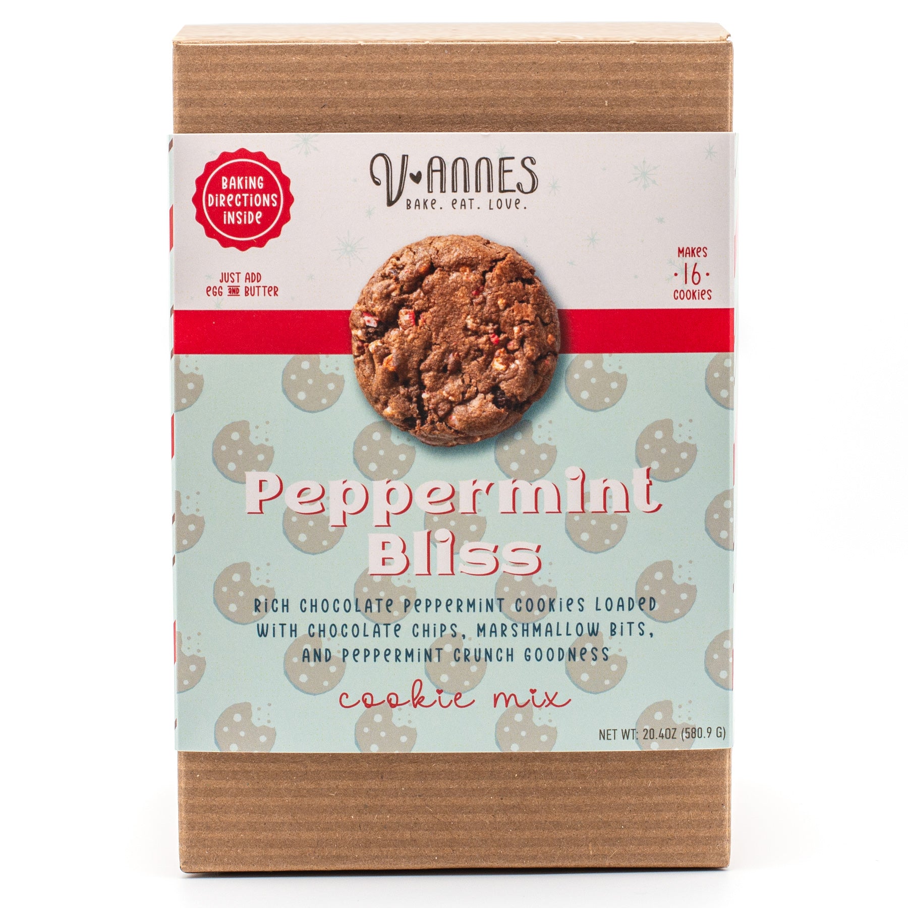 Box of V-ANNES Peppermint Bliss cookie mix on a white background