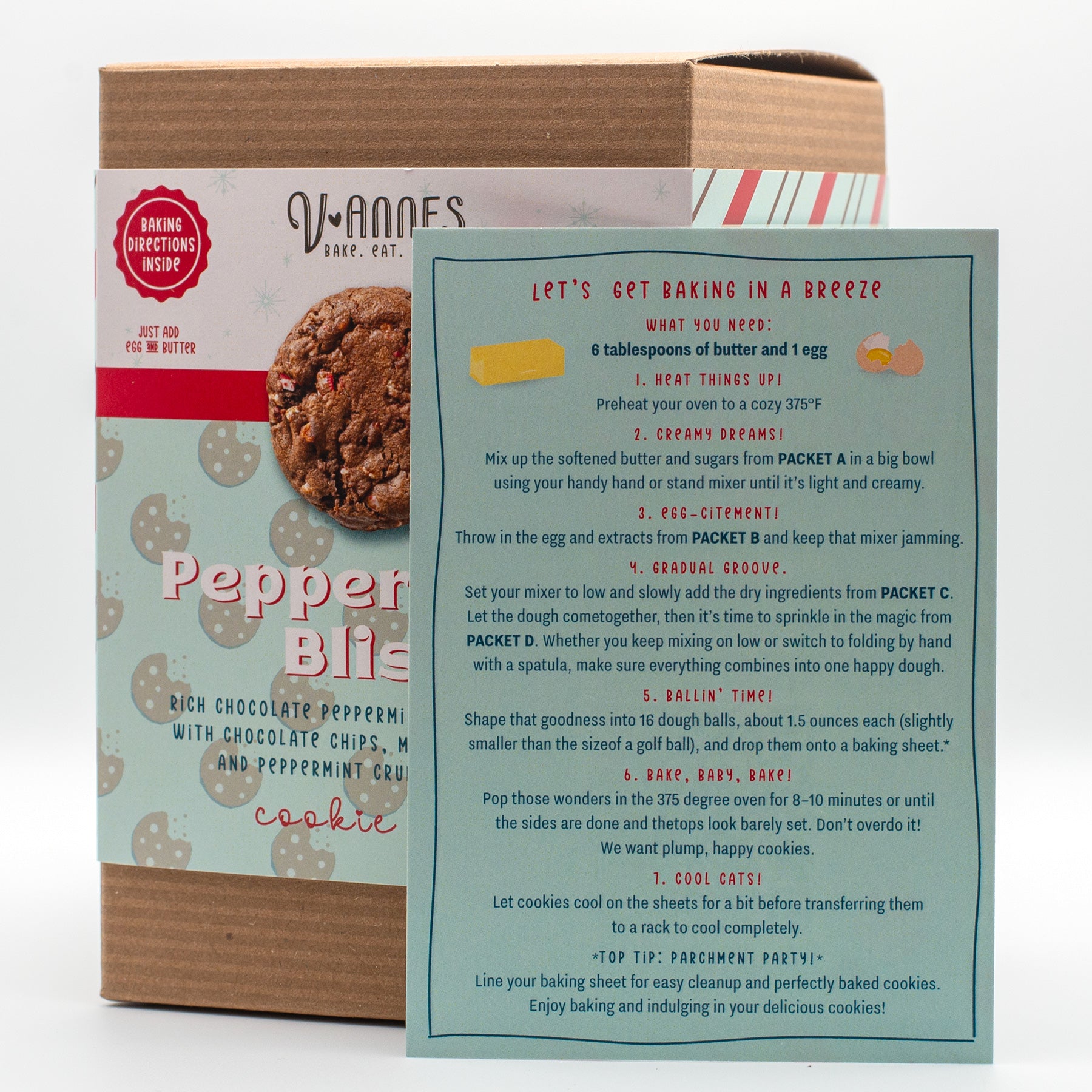 V-ANNES Peppermint Bliss cookie mix packaging with direction card on a white background