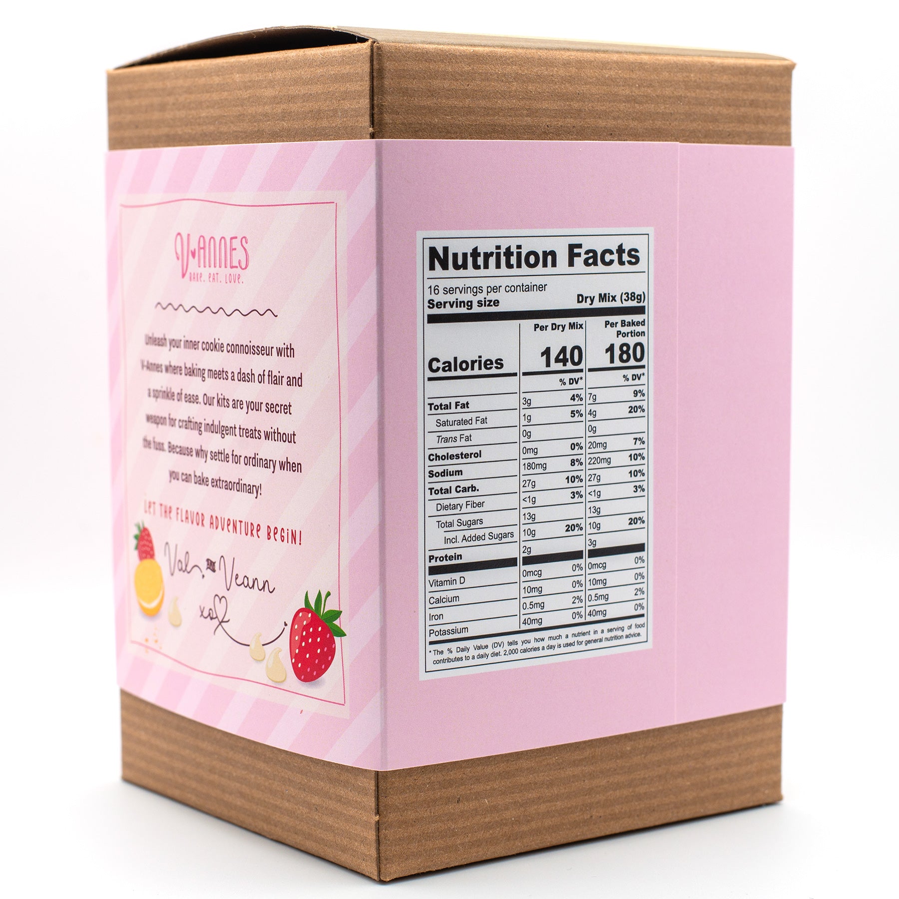 V-Annes Strawberry Shortcake Cookie Mix box with pink label and nutrition facts panel on a white background
