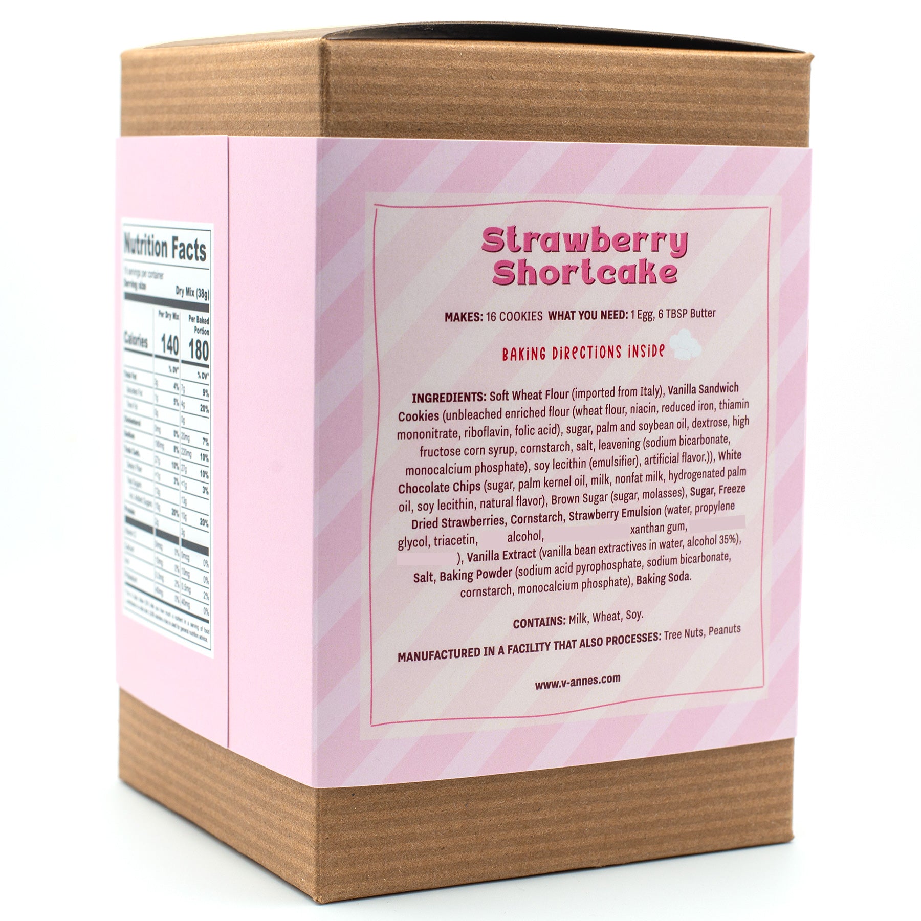 V-Annes Strawberry Shortcake Cookie Mix box with pink label and ingredient facts panel on a white background