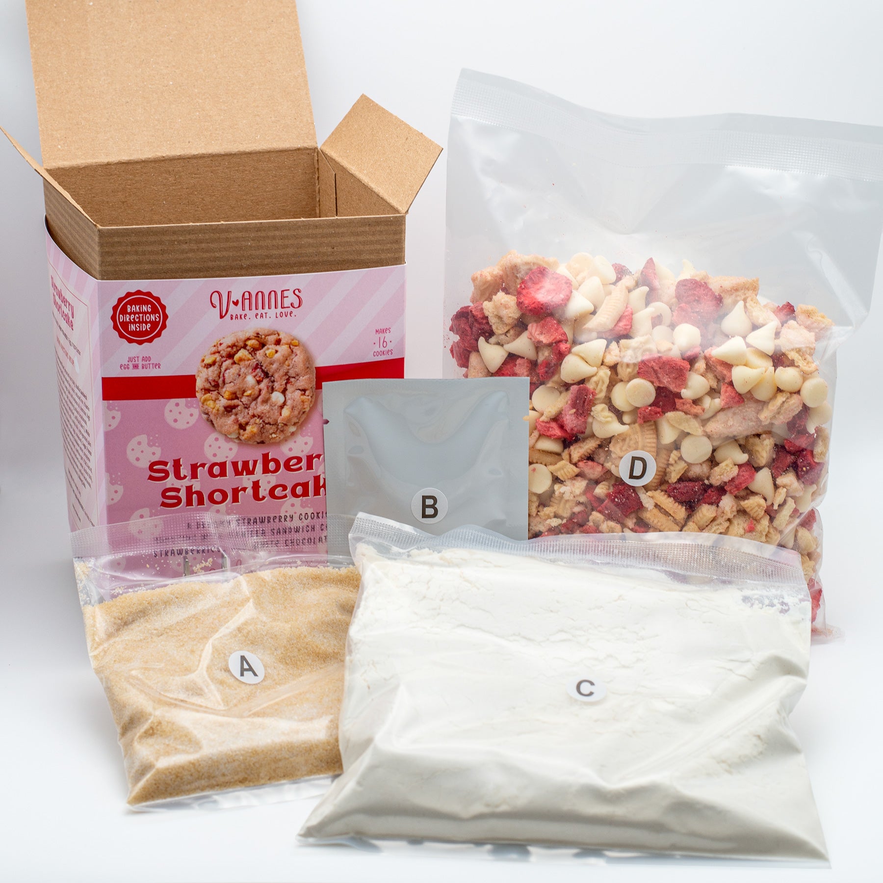 V-Annes Strawberry Shortcake baking kit with ingredients on a white background