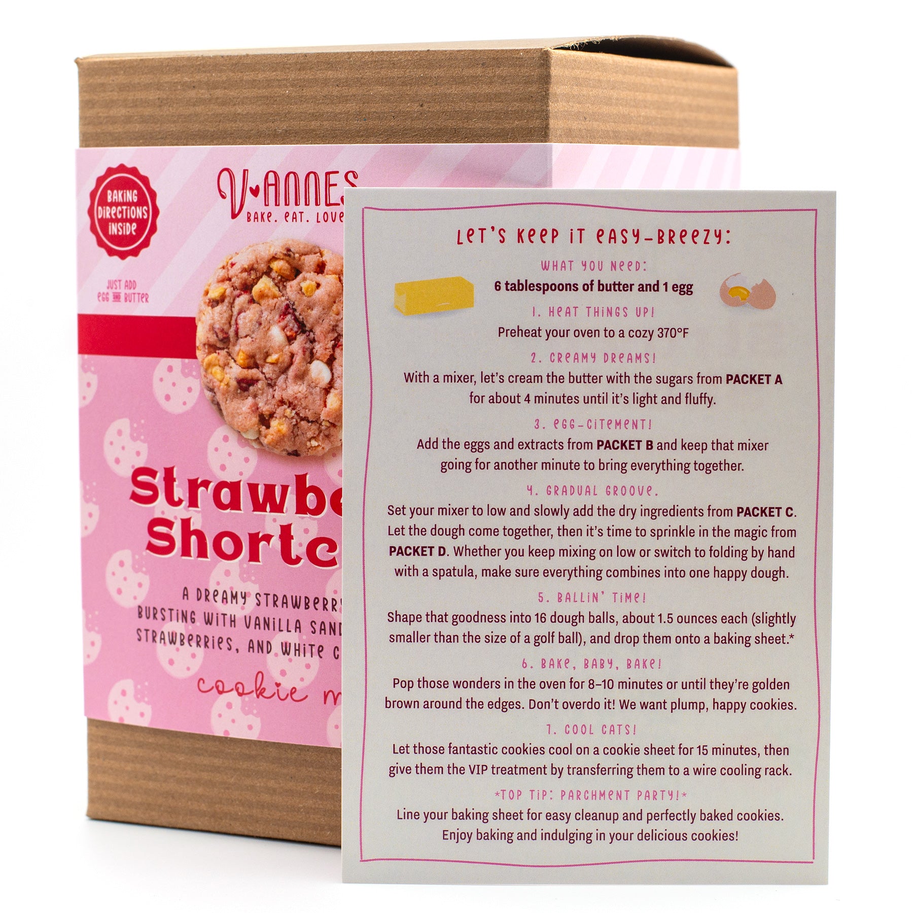 V-Annes Strawberry Shortcake Cookie Mix box with baking directions insert.