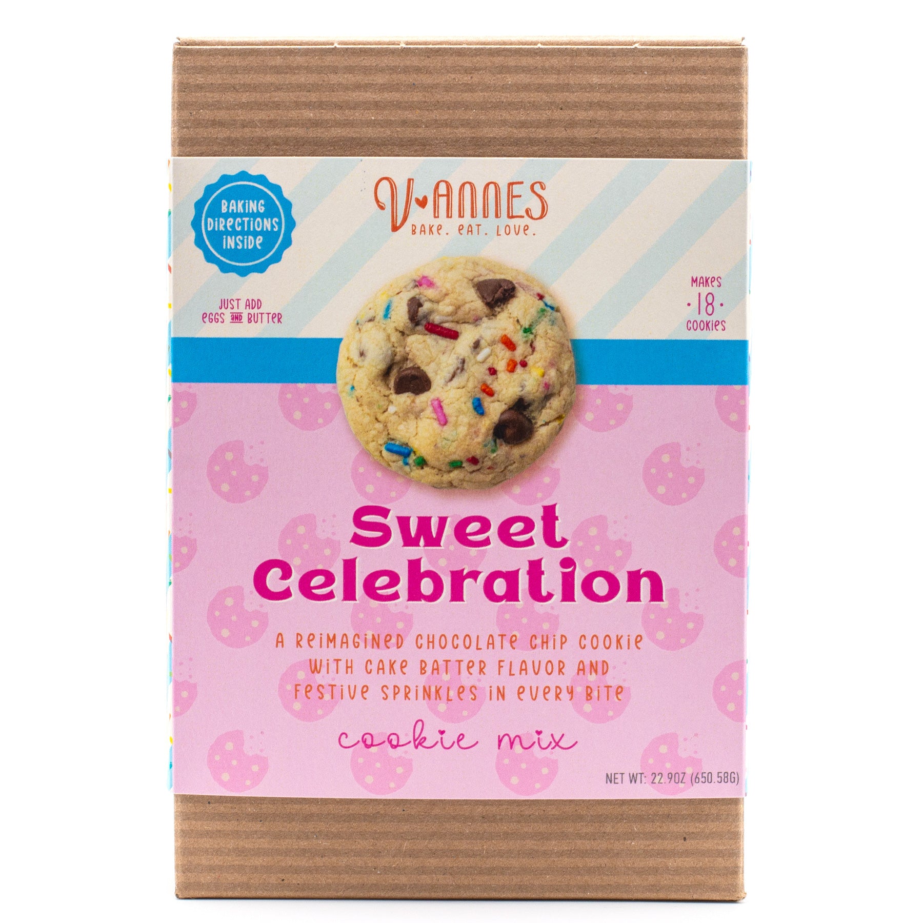 A boxed package of V-Anne's Sweet Celebration cookie mix, featuring a pink and white label with a photo of a chocolate chip cookie, set against a plain white background.
