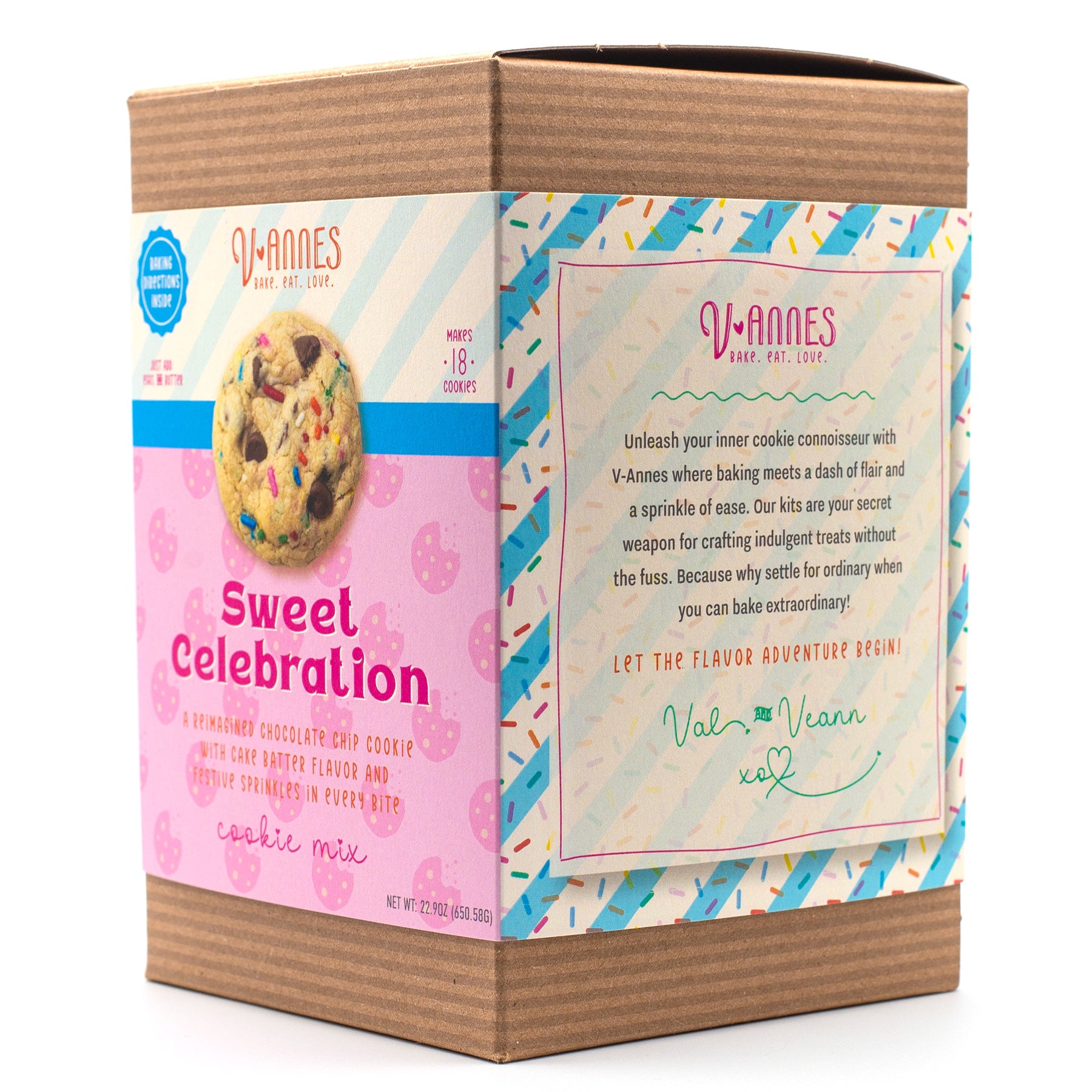 A boxed cookie mix product labeled 'V-Annes Sweet Celebration' with a brown cardboard box, pink front panel, and decorative multicolor confetti-style border. The box shows a cookie photo and text including 'flavor extraordinary' and 'cookie mix.