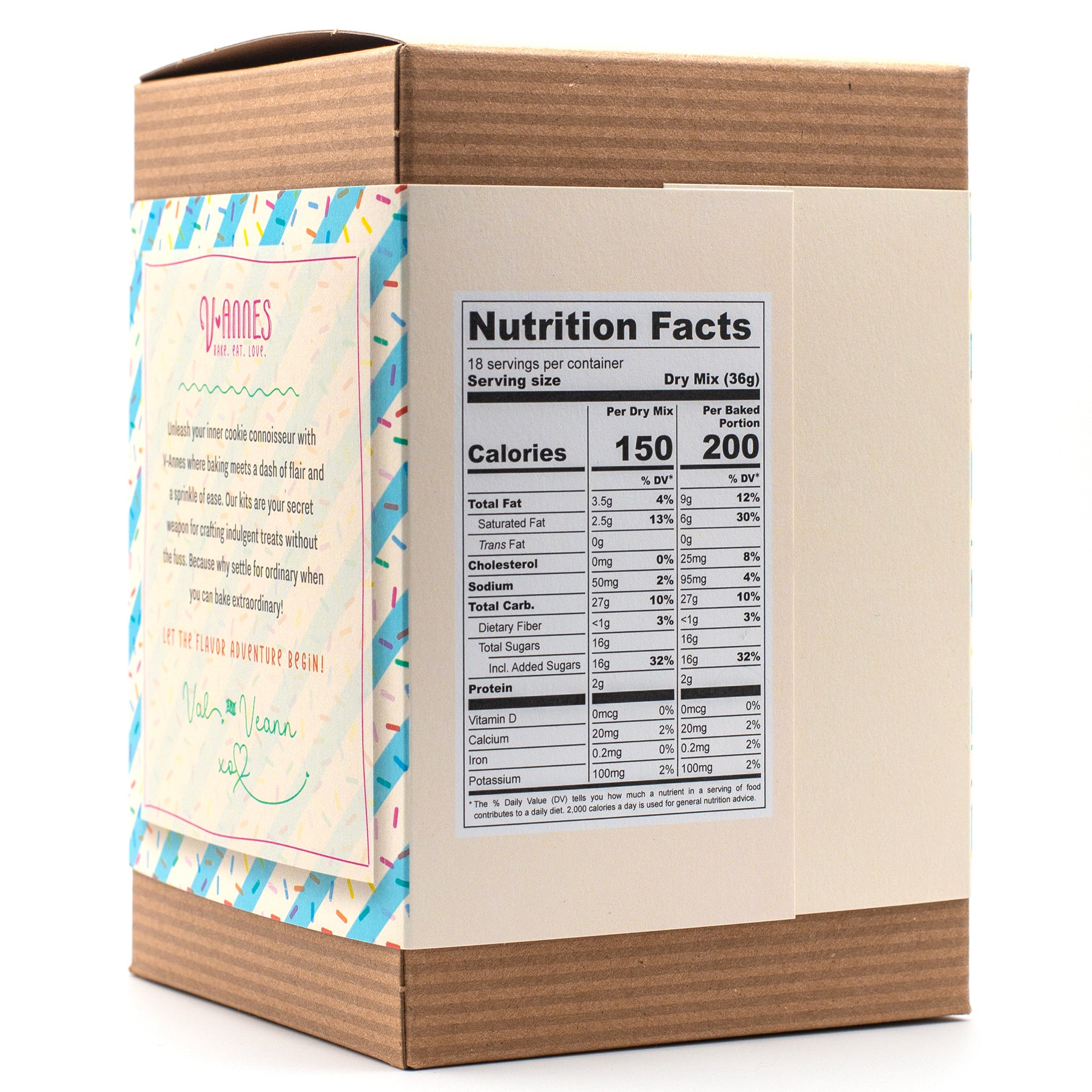 Sweet Celebration Cookie Mix package, showing the back panel with colorful branding and a Nutrition Facts label on the side.