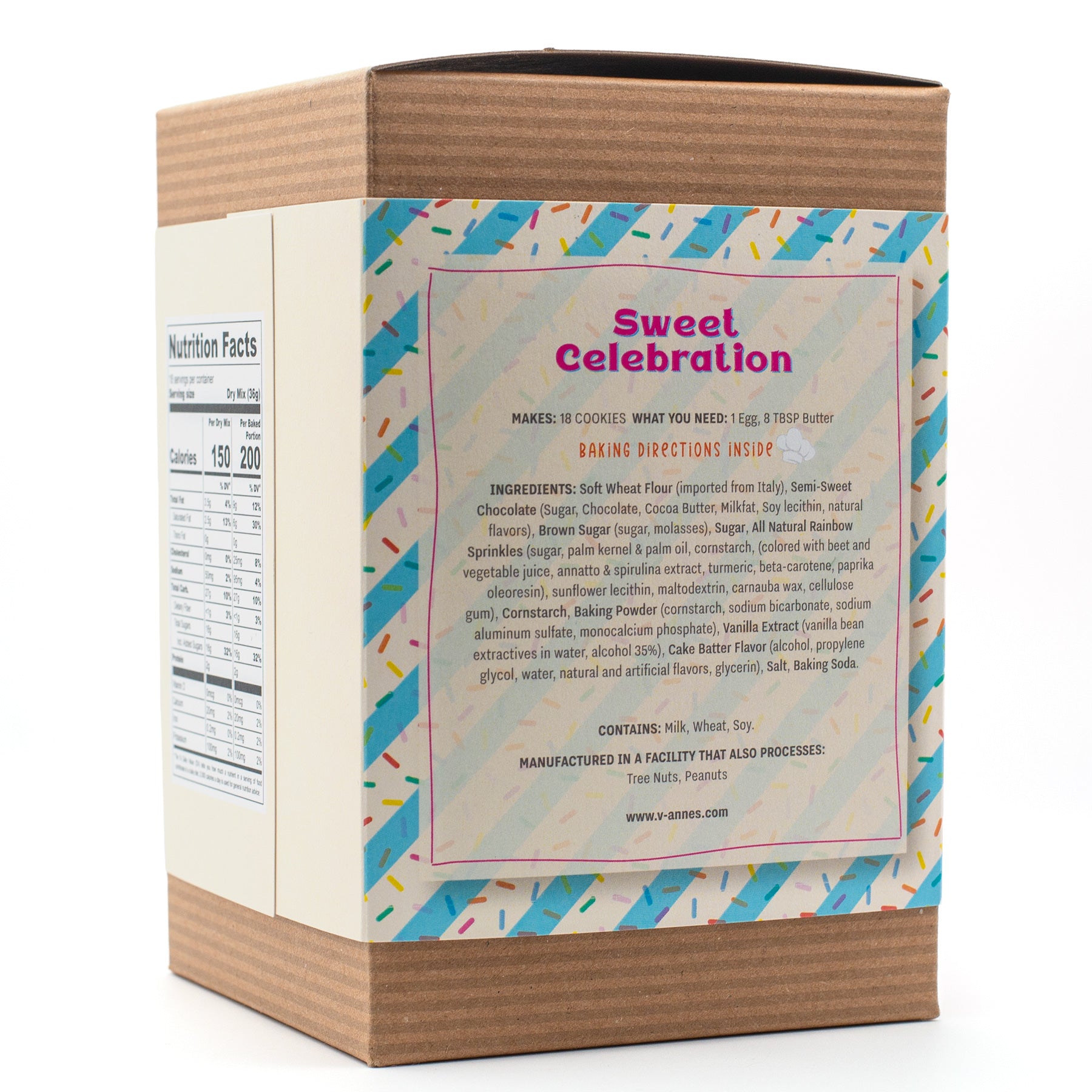 Sweet Celebration baking mix box, showing the back panel with product details, nutrition facts, and colorful confetti-patterned borders.