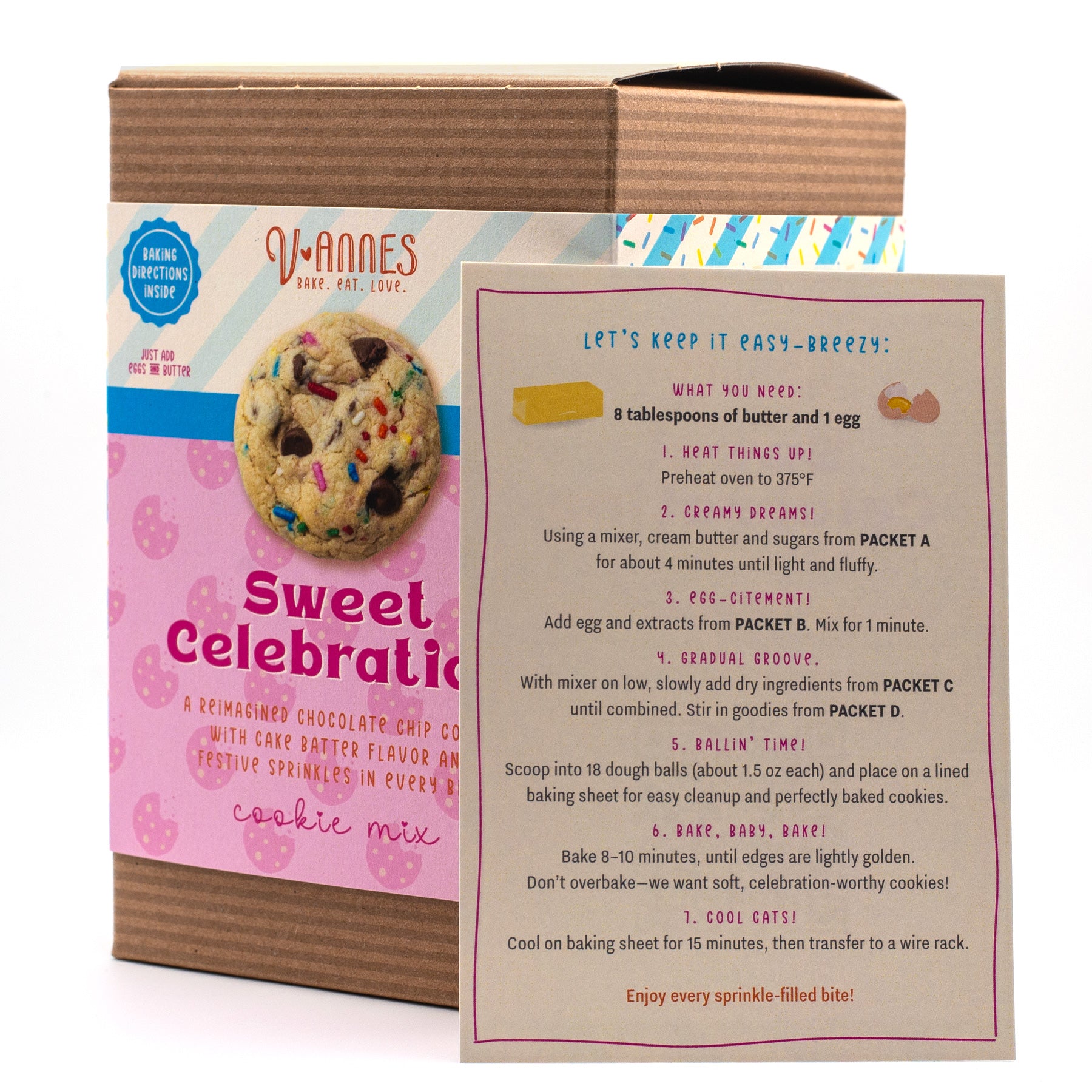A boxed cookie mix shown on a white background, with the brown cardboard box and an illustrated recipe card visible. The front of the box reads 'Sweet Celebration' with a photo of a chocolate chip cookie and pink decorative text.