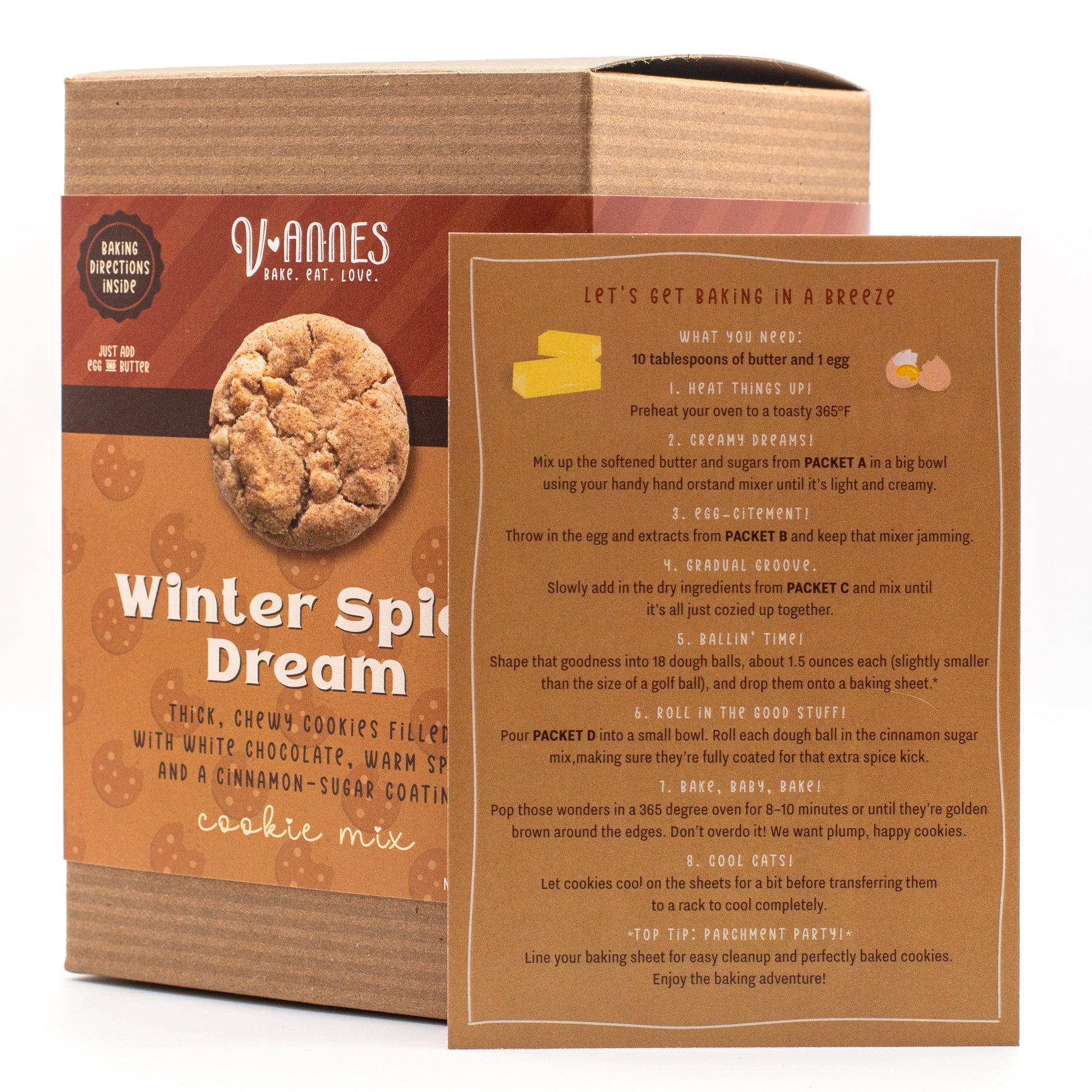 V-annes Winter Spice Dream cookie mix packaging with instruction card on a white background